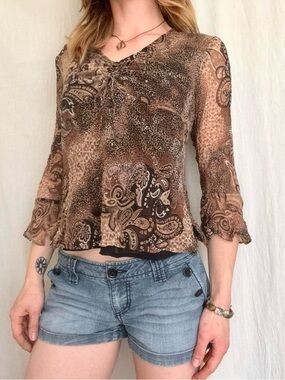 Brown Multi-patterned V-Neck Blouse